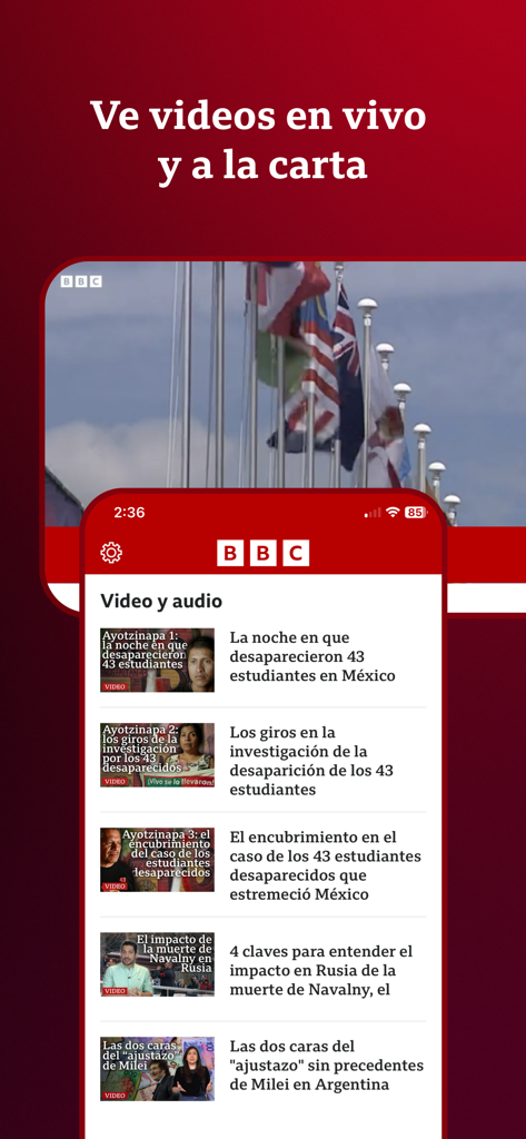 BBC Mundo - Interface do aplicativo BBC Mundo mostrando uma lista de vídeos e áudios de notícias em espanhol