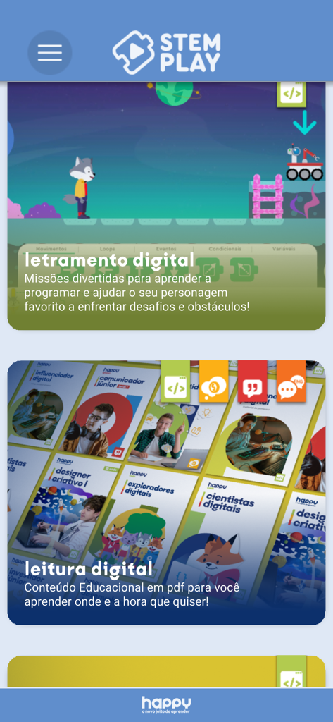 STEM Play - Letramento Digital - Interface do aplicativo STEM Play mostrando missões gamificadas de letramento digital e recursos de leitura educacionais