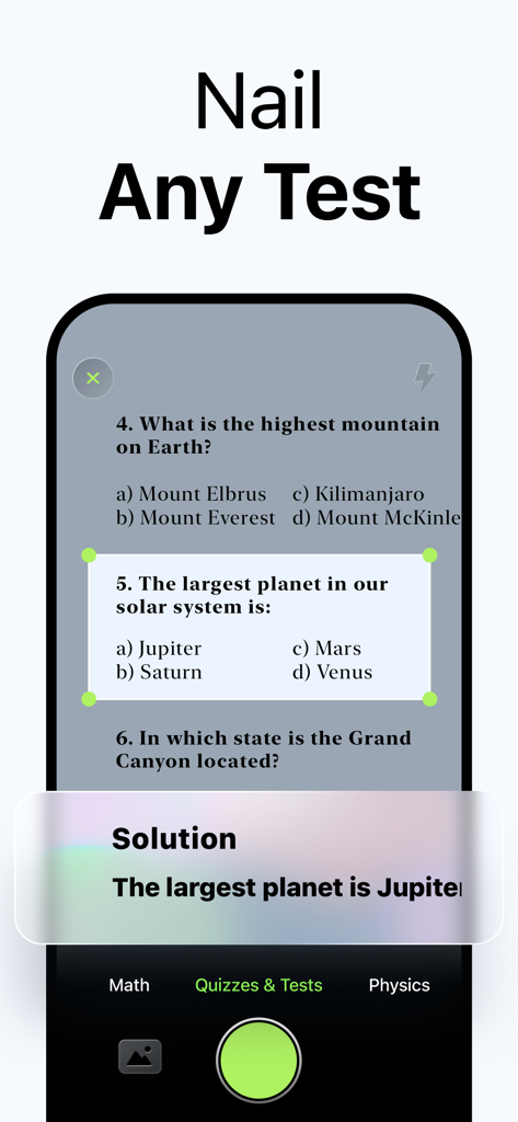 Solvo: AI Homework Helper - La aplicación Solvo escaneando una pregunta de examen para proporcionar una solución instantánea de IA.
