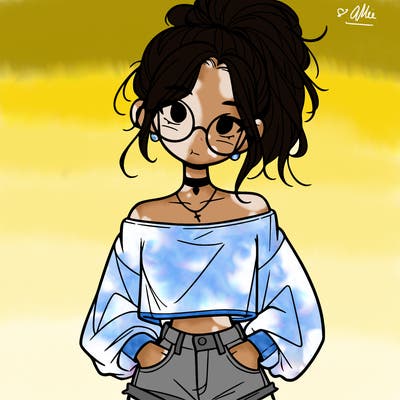 girl with a messy ponytail glasses a baggy crop top and jean shorts