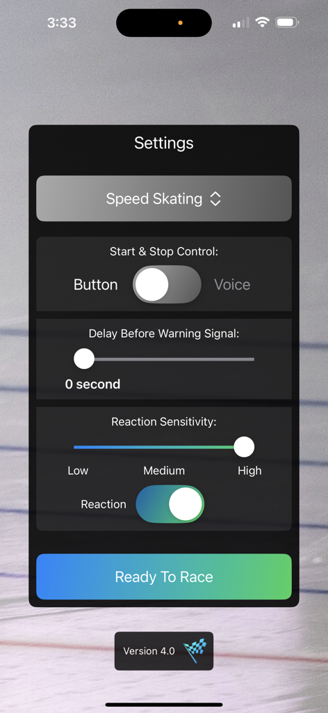 Racing Start Simulator - Settings screen of the Racing Start Simulator app showing configuration options for Speed Skating training.