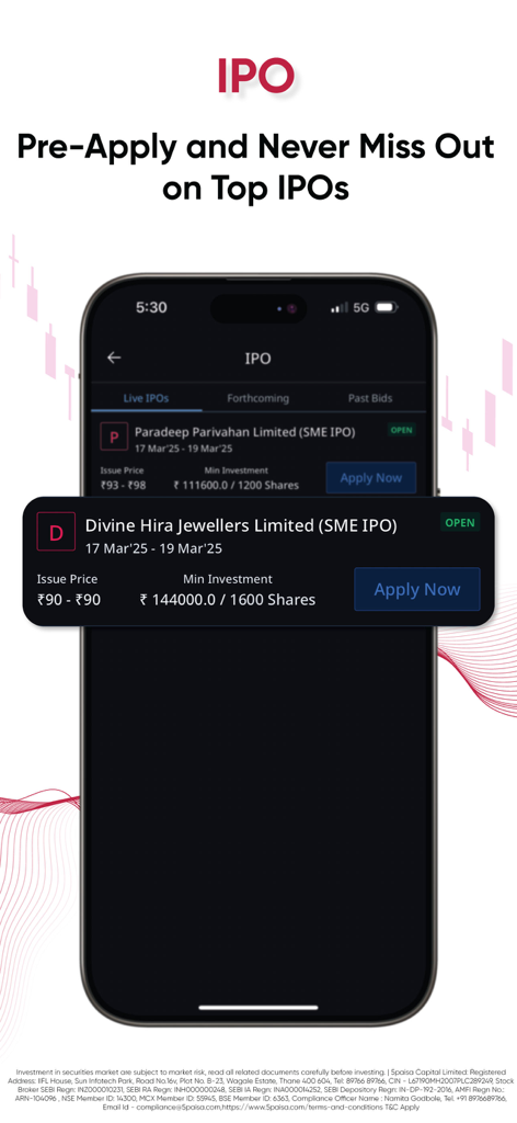 5paisa: Share Market, MF, IPO - インド株式市場への上場銘柄に事前申し込みができるオプションを備えた、ライブIPOリストを表示する5paisaモバイルアプリのインターフェース