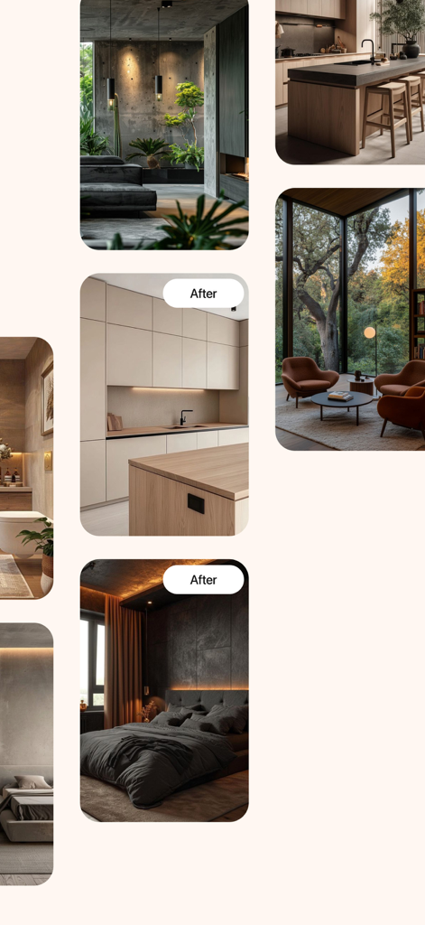 Home AI Interior Design - A collage of high-end interior design transformations created by AI featuring modern kitchens moody bedrooms and urban living spaces