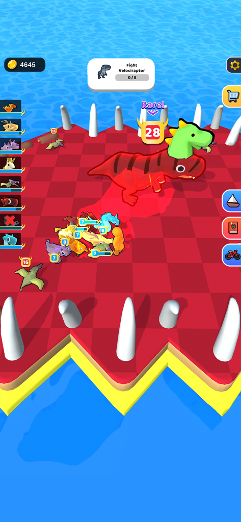 Zookemon - Un grupo de coloridos animales domesticados luchando contra un gran dinosaurio rojo raro en una arena de isla cuadriculada en Zookemon.