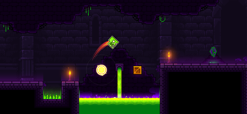 A green square character jumping over obstacles in a purple dungeon level in Geometry Dash Lite.
