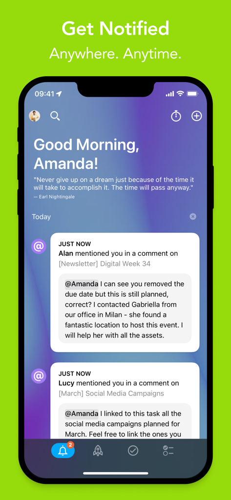MeisterTask - Task Management - Pantalla de smartphone mostrando el panel de la aplicación MeisterTask con saludos personalizados y notificaciones de mención del equipo.
