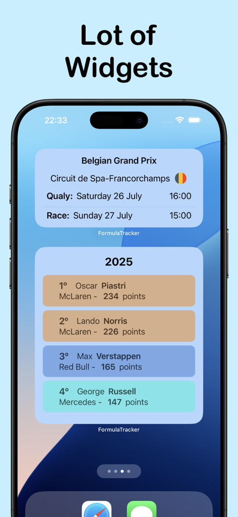 Formula Tracker - Formula Tracker app widgets displaying F1 race schedules and driver standings on an iPhone home screen