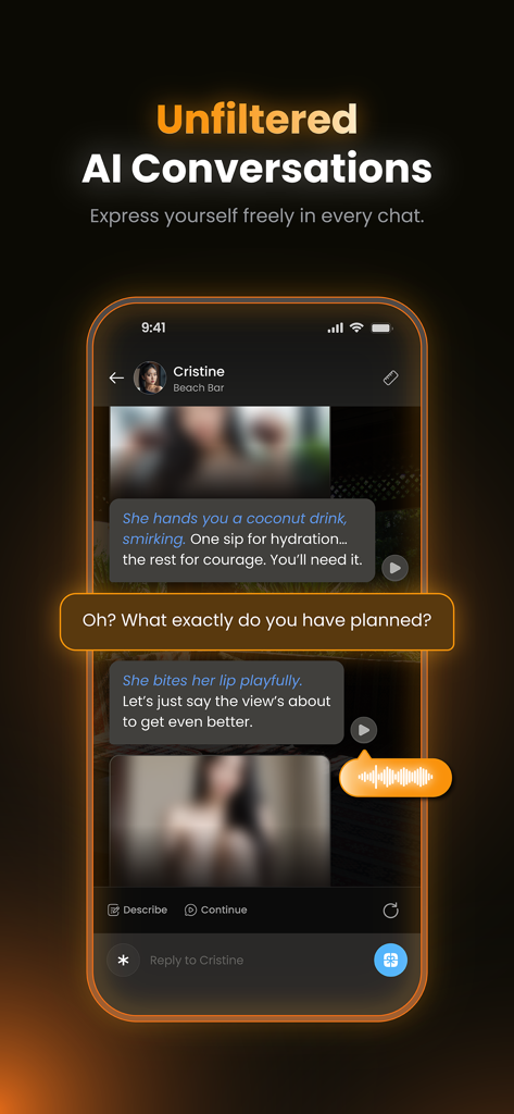 A mobile screen showing an unfiltered roleplay chat with an AI character in the Foxy app.