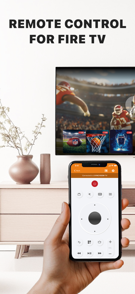 Hand hält ein iPhone mit einer Fernbedienungsschnittstelle für Amazon Fire TV
