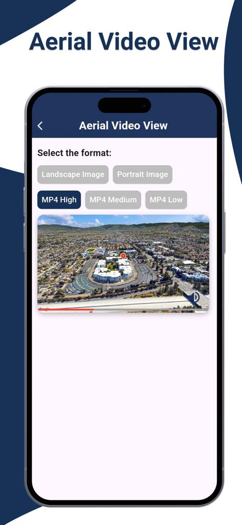 Eine mobile App-Oberfläche, die Optionen für die Ansicht von Luftbildvideos anzeigt, einschließlich der Auswahl des Formats für hochwertige MP4s und Bilder einer Stadtlandschaft