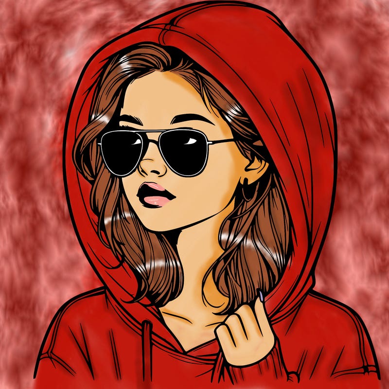 realistic teenage girl, wearing a hoodie and sunglasses