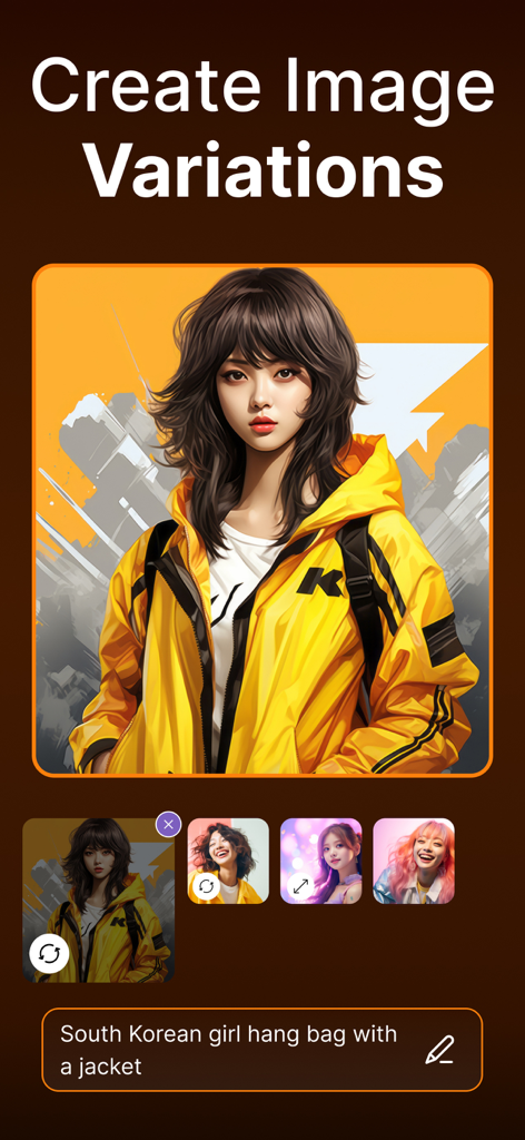 Imagine - AI Art Generator - Imagine AI Art Generator app interface showing the create image variations feature with an anime style portrait