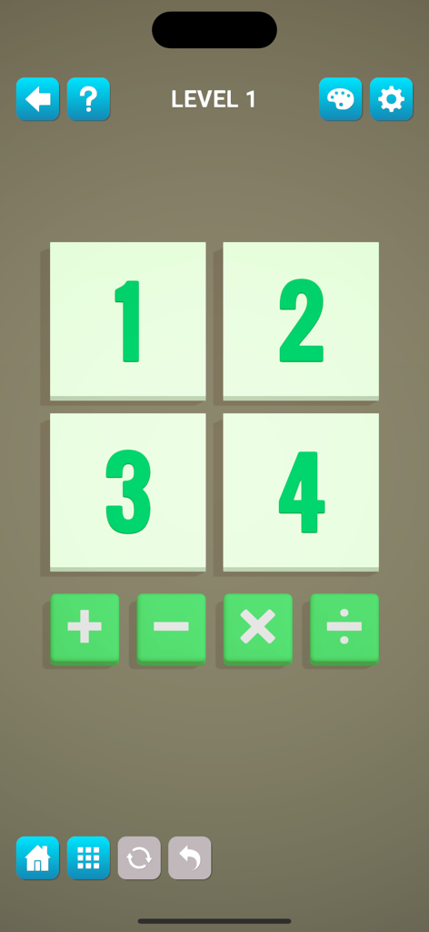 Puzzledom 3D - A 3D minimalist math puzzle interface with numbers 1 to 4 and arithmetic operator buttons