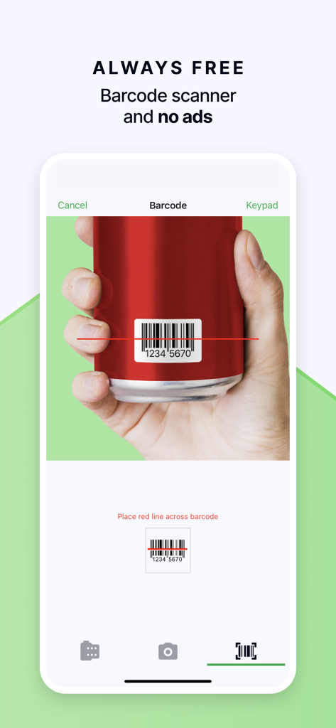A hand holding a product while using the fatsecret barcode scanner feature to track nutrition information.