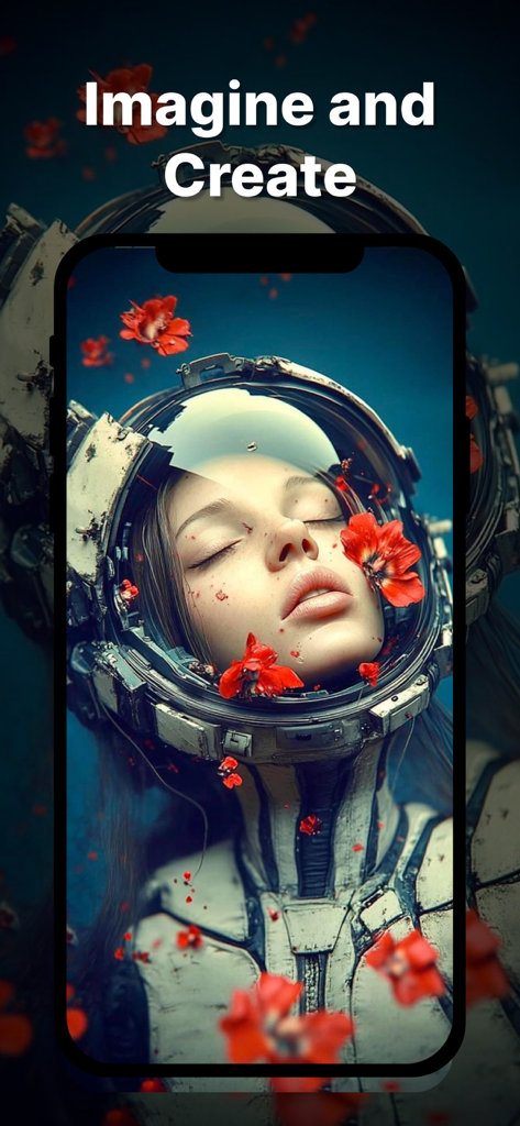 AI Art Photo Image Generator - AI generated artwork of an astronaut with red flowers on a smartphone screen
