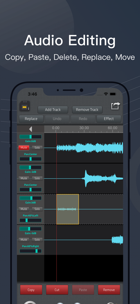 SoundLab - Audio Editor - Multi track audio editing interface on SoundLab mobile app showing blue waveforms and mixing controls