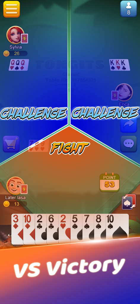 Tongits Lin - A competitive online match of the Tongits Lin mobile card game with player avatars and card melds