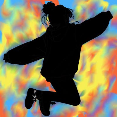 realistic girl jumping with a bun and oversized sweatshirt