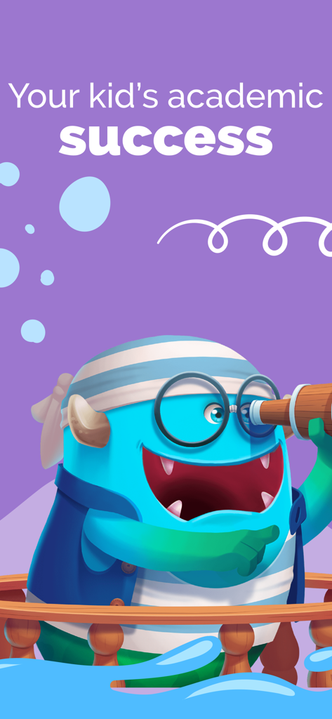 Smartick Kids Learn Math - Blue monster character with a telescope on a ship promoting kids academic success