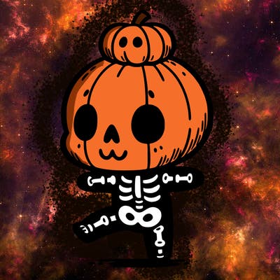 cute skeleton with a pumpkin on its head while dancing