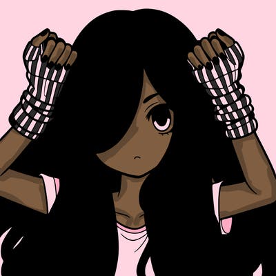long haired girl with fingerless gloves