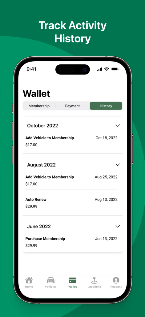 myQQ – Quick Quack - Historial de actividad en la billetera de la aplicación myQQ que muestra transacciones de membresía de lavado de autos