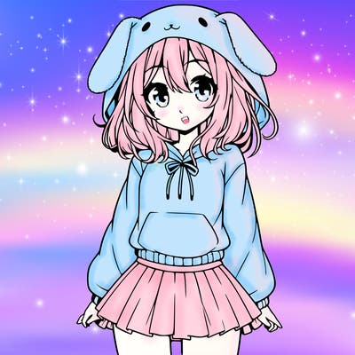 pretty anime girl wearing a fluffy hoodie with bunny ears on the hood and a skirt
