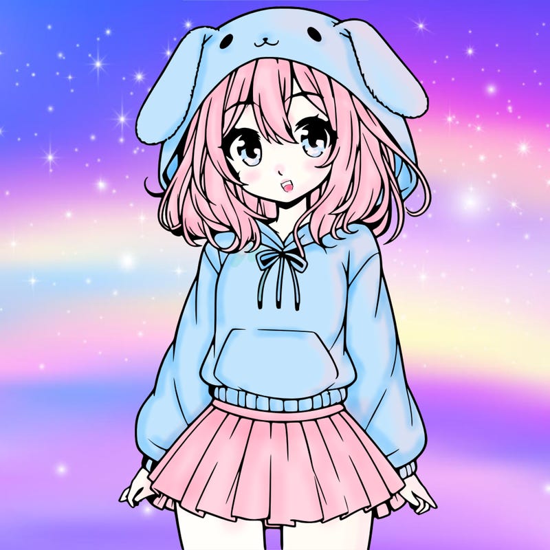 pretty anime girl wearing a fluffy hoodie with bunny ears on the hood and a skirt