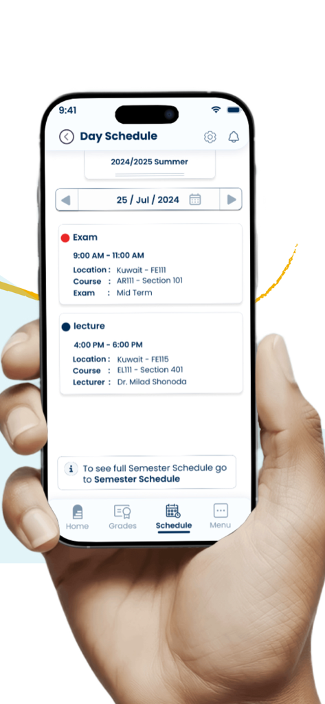 AOU Student - Uma tela móvel mostrando a agenda diária do aplicativo AOU Student com horários de exames e aulas