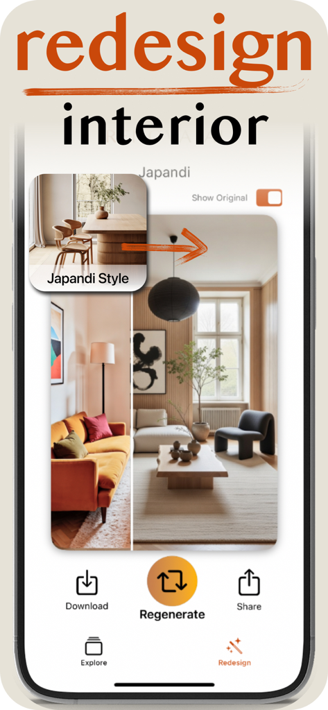 Home Design AI: Renova AI - Mobile app interface showing a living room transformation into a Japandi style design
