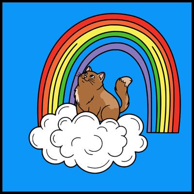 a rainbow 🌈 .  with a cat 🐈 on the cloud