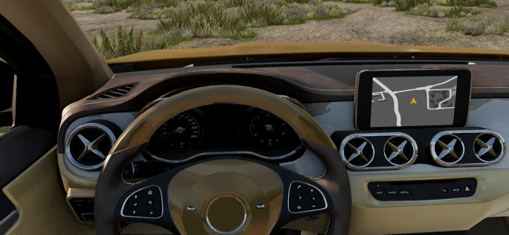 OffRoad SUV Car Simulator 2026 - First-person driver view of an SUV dashboard with a GPS navigation screen in a mobile driving simulator