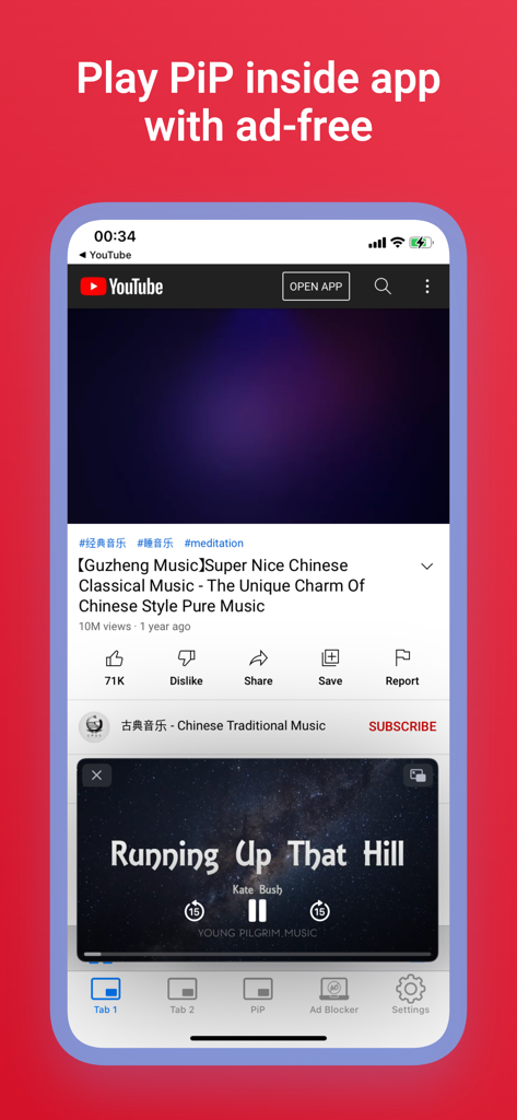 Music Video Player with PiP - Music video player app interface showing picture in picture and ad free playback