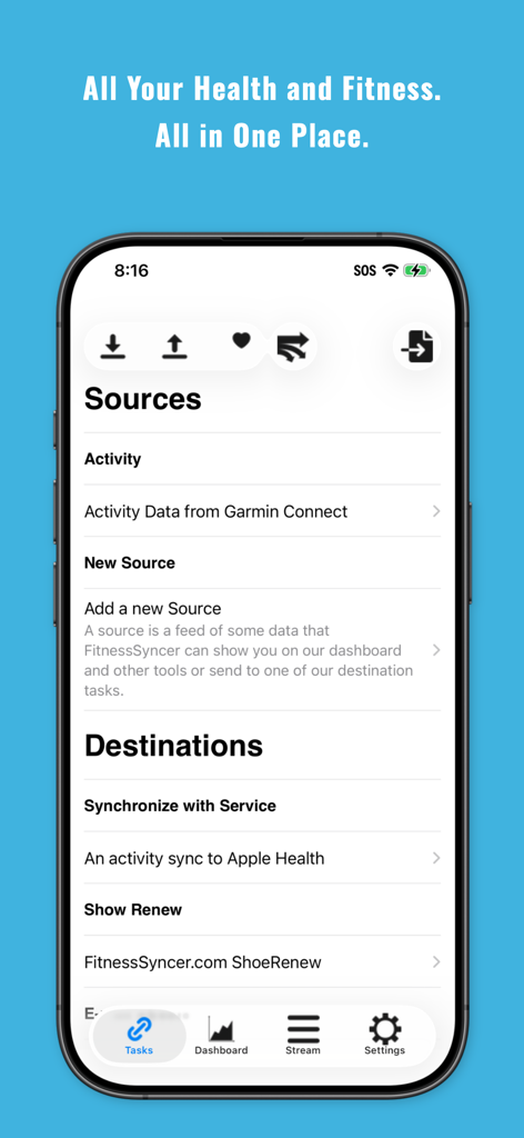 Interfaz de la aplicación FitnessSyncer que muestra fuentes y destinos para la sincronización de datos de salud entre Garmin y Apple Health