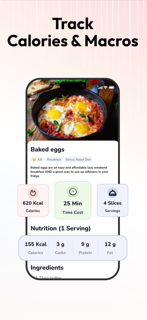 BP & Heart Rate Monitor - A mobile app interface displaying calorie and macro tracking for a baked eggs recipe with nutritional values and time cost.