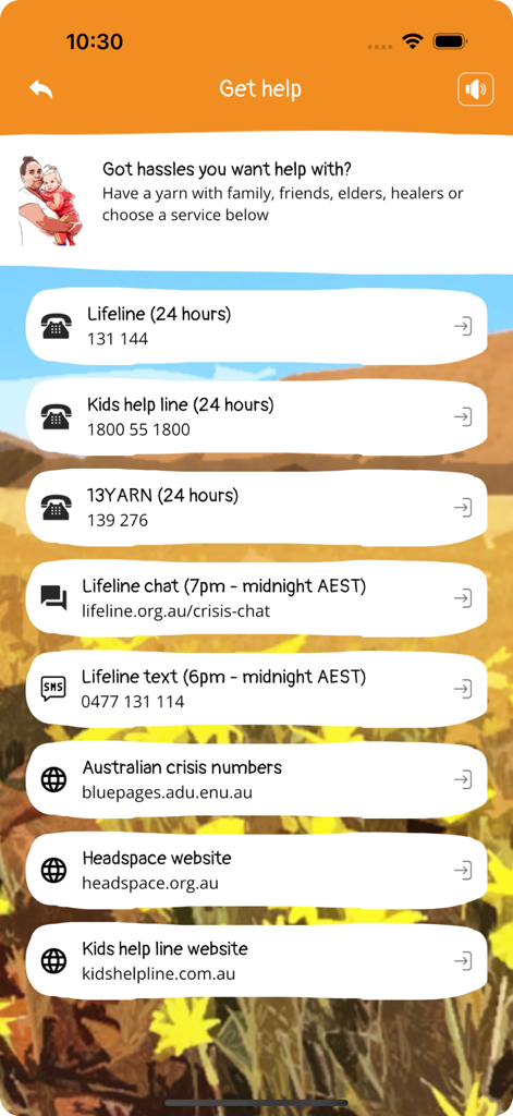Der Bildschirm 'Hilfe erhalten' der AIMhi-Y-App, der eine Liste von Krisenunterstützungsdiensten und Kontaktnummern für die psychische Gesundheit von Jugendlichen anzeigt.