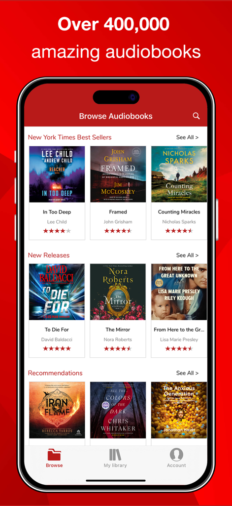 Audiobooks Now Audio Books - Screenshot of the Audiobooks Now app showing over 400000 audiobooks including New York Times Best Sellers and New Releases categories