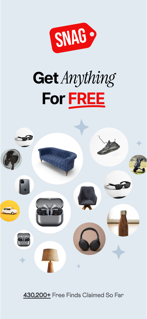 Snag app promotional screen showing various items available for free including furniture and electronics
