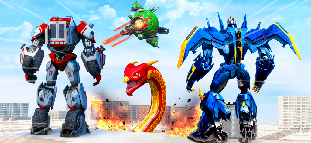 Super Robot Transform Games 3D - Giant robots and a mechanical snake battle in a city