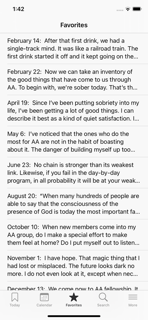 A list of bookmarked daily recovery meditations and prayers in the Twenty-Four Hours a Day app