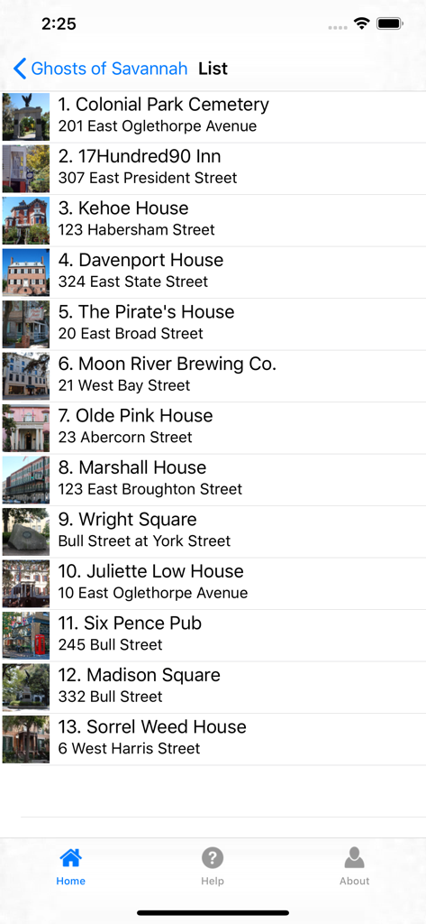 Ghosts of Savannah - Un elenco numerato di tappe del tour infestato a Savannah, tra cui Colonial Park Cemetery e Kehoe House con indirizzi e foto in miniatura.