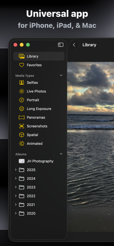 DateStamper - Interface of DateStamper universal app for iPhone iPad and Mac showing photo library organization