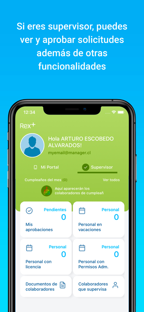 Rex+ - Interfaz del panel de control de supervisores de la aplicación móvil Rex plus HR que muestra aprobaciones pendientes y estado del personal