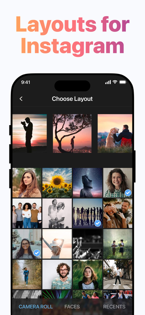 Layout for Instagram + - Interfaz móvil que muestra el proceso de selección de fotos para crear un collage de Instagram