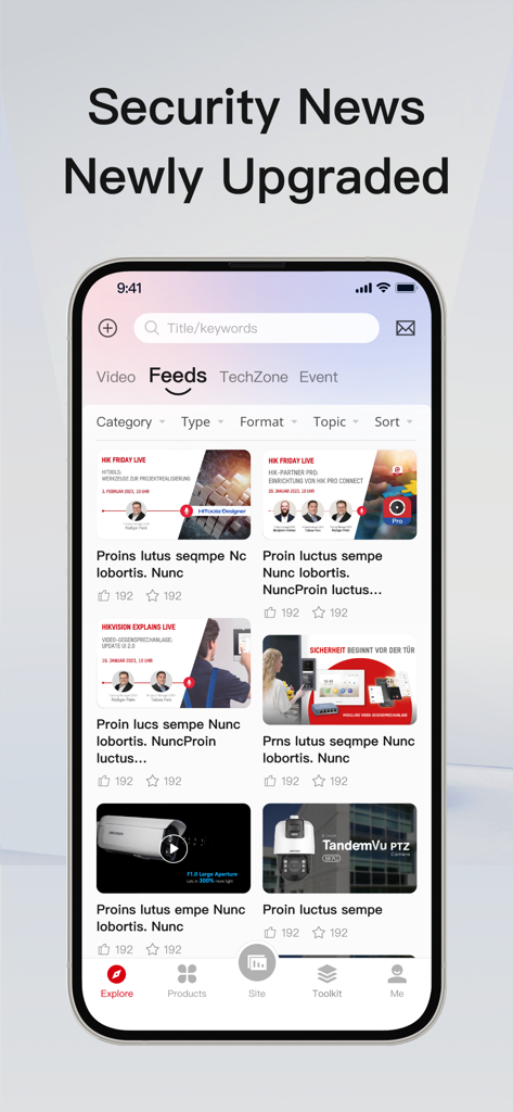 Hik-Partner Pro mobile app interface displaying a news feed with security industry updates and professional product tutorials