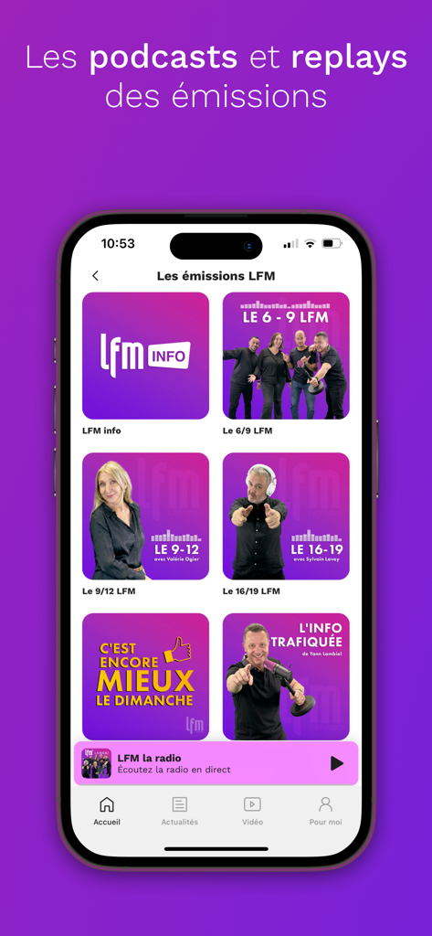 LFM - Interface of the LFM radio app showing a gallery of podcasts and replay options for various Swiss radio shows