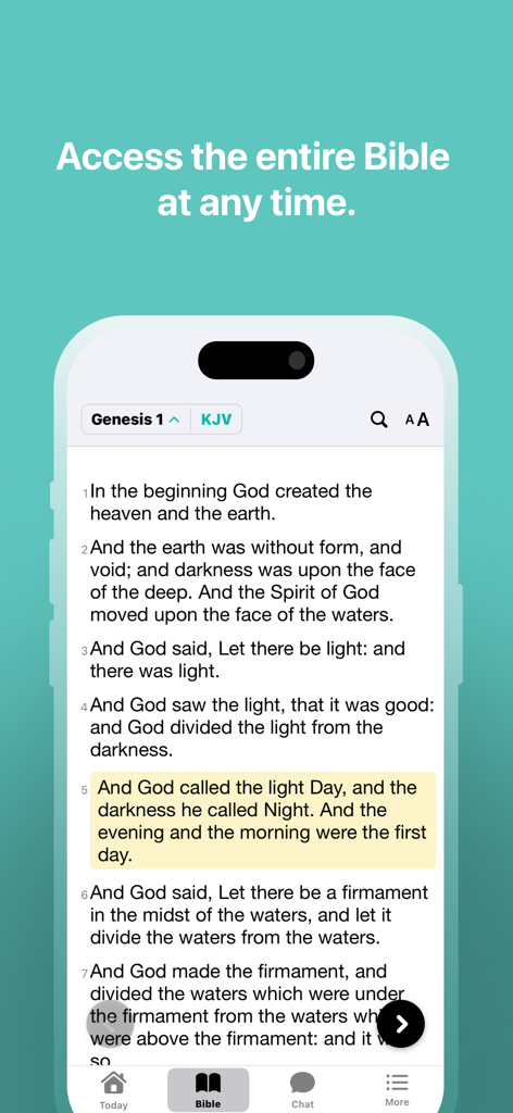A mobile interface of the Amen Bible Chat app displaying verses from Genesis 1.