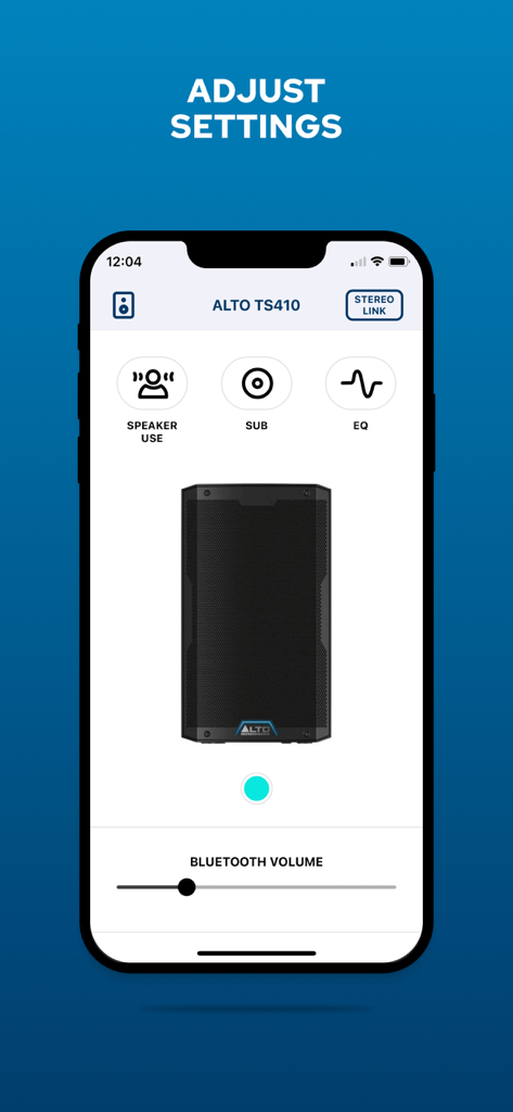 Alto Pro - Interface of the Alto Pro app showing remote control settings for the TS410 speaker including volume and EQ adjustments