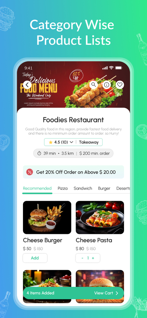 Fox-Delivery Anythingアプリに、カテゴリと特別オファーのあるレストランのフードメニューが表示されています。