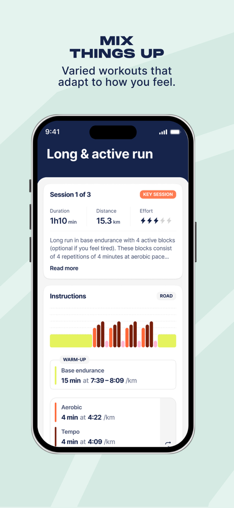 Campus Coach-Running & Trail - 詳細なペースゾーンとワークアウト指示付きの、長くてアクティブなランニングセッションを表示するモバイルアプリインターフェース。